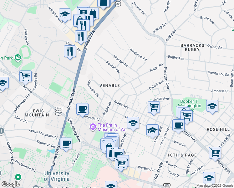 map of restaurants, bars, coffee shops, grocery stores, and more near 703 Rugby Road in Charlottesville