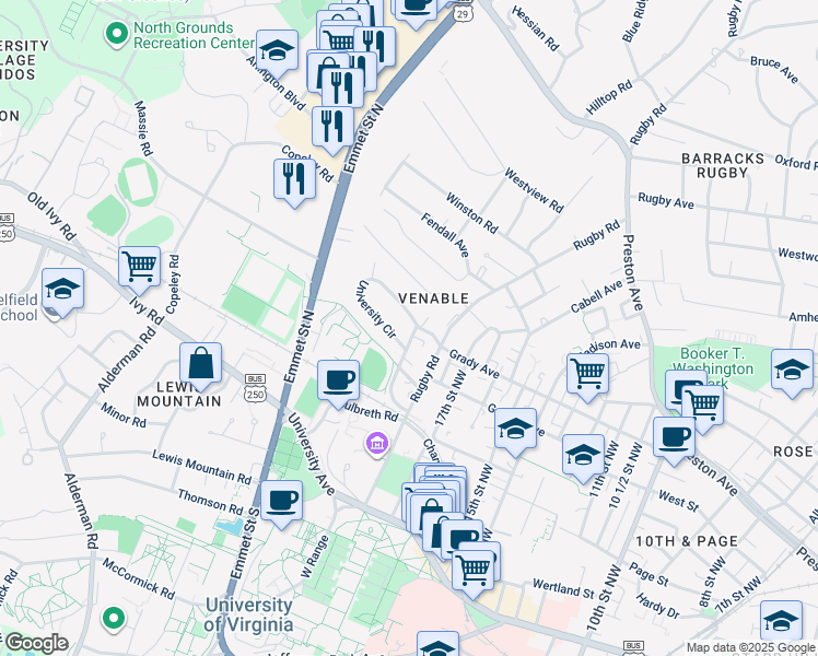 map of restaurants, bars, coffee shops, grocery stores, and more near in Charlottesville