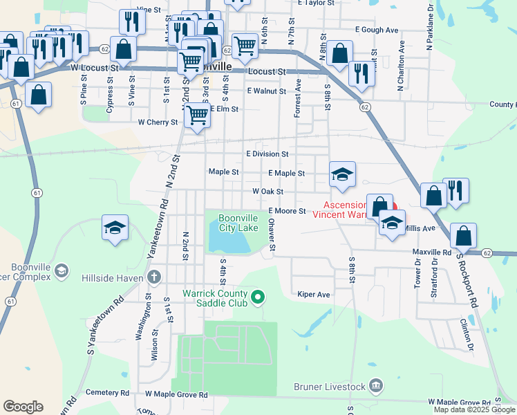 map of restaurants, bars, coffee shops, grocery stores, and more near 315 East Oak Street in Boonville