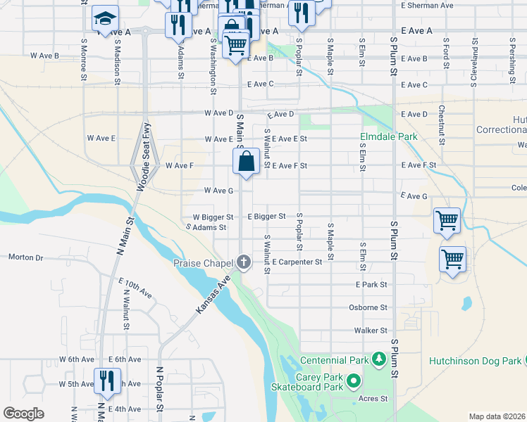 map of restaurants, bars, coffee shops, grocery stores, and more near 700 South Main Street in Hutchinson