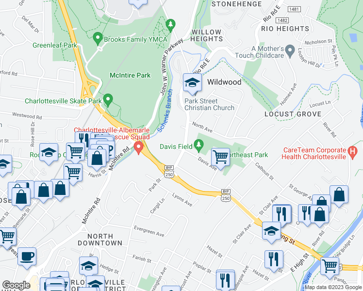 map of restaurants, bars, coffee shops, grocery stores, and more near 1021 Park Street in Charlottesville