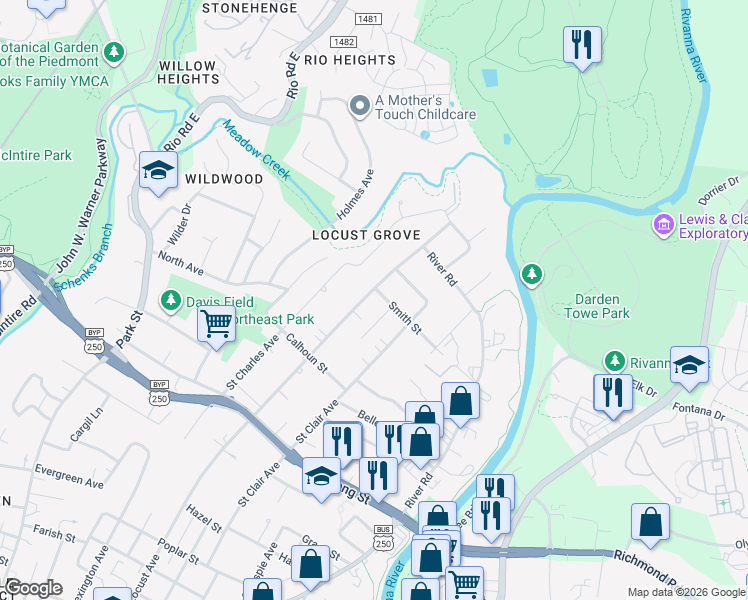 map of restaurants, bars, coffee shops, grocery stores, and more near 1101 Locust Avenue in Charlottesville