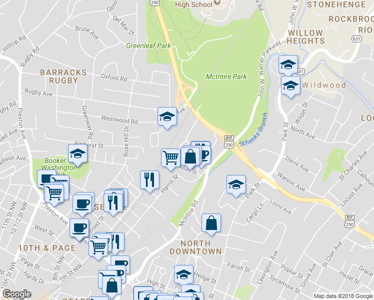 map of restaurants, bars, coffee shops, grocery stores, and more near 142 Birdwood Court in Charlottesville