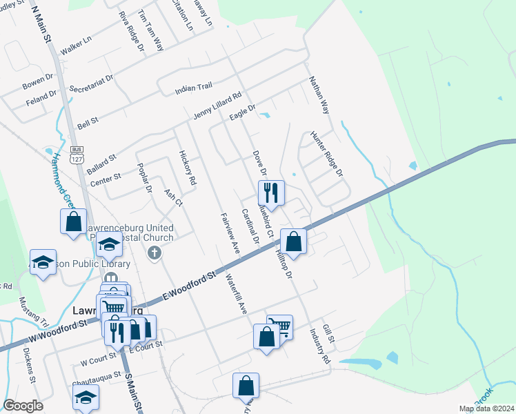 map of restaurants, bars, coffee shops, grocery stores, and more near 95 Bluebird Court in Lawrenceburg