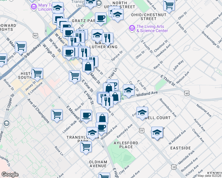 map of restaurants, bars, coffee shops, grocery stores, and more near 326 East Short Street in Lexington