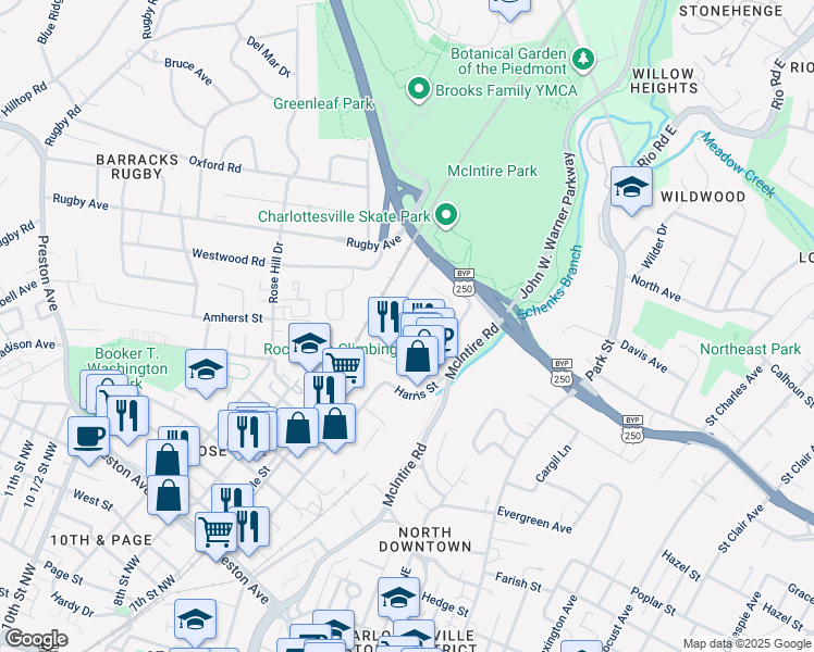 map of restaurants, bars, coffee shops, grocery stores, and more near 142 Birdwood Court in Charlottesville