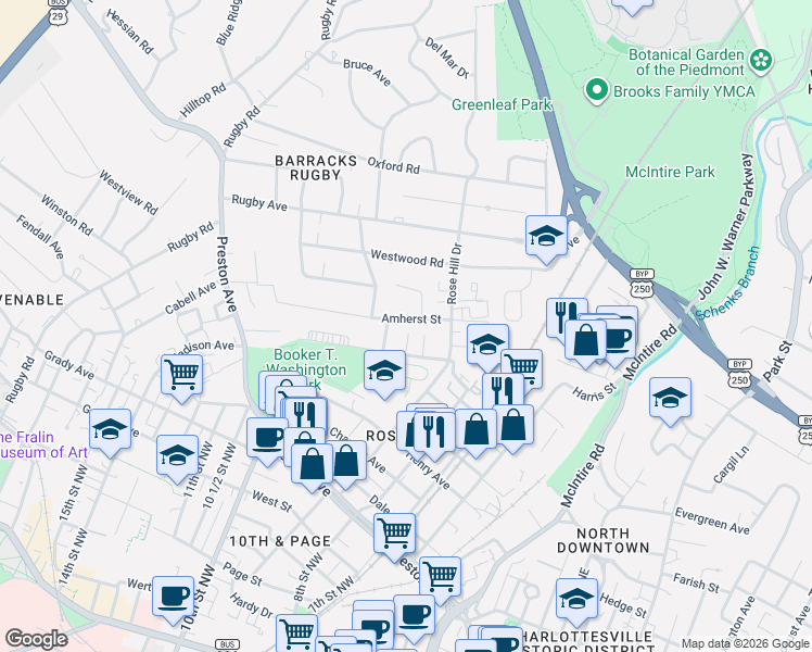 map of restaurants, bars, coffee shops, grocery stores, and more near 1517 Amherst Street in Charlottesville