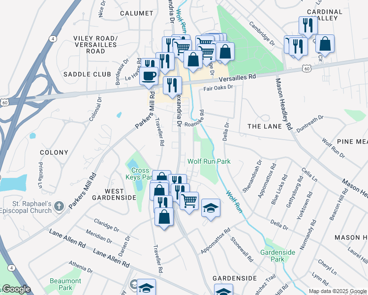 map of restaurants, bars, coffee shops, grocery stores, and more near 1625 Alexandria Drive in Lexington
