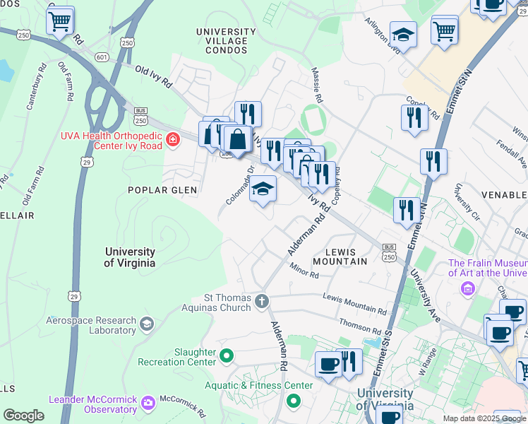 map of restaurants, bars, coffee shops, grocery stores, and more near 2132 Ivy Road in Charlottesville