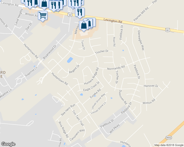 map of restaurants, bars, coffee shops, grocery stores, and more near 704 Eureka Drive in Versailles