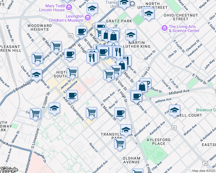 map of restaurants, bars, coffee shops, grocery stores, and more near 200 East High Street in Lexington