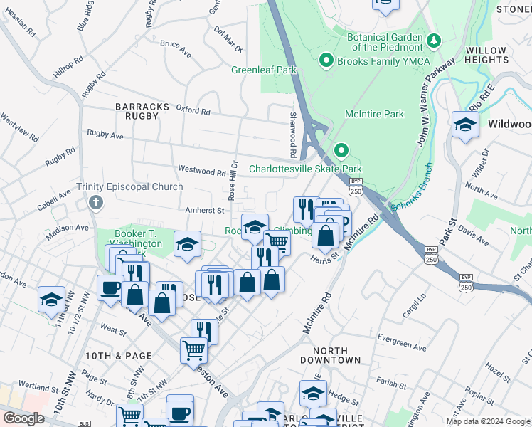 map of restaurants, bars, coffee shops, grocery stores, and more near 120 Westwood Circle in Charlottesville