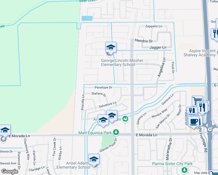 map of restaurants, bars, coffee shops, grocery stores, and more near 9898 Vito Court in Stockton