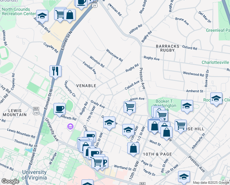 map of restaurants, bars, coffee shops, grocery stores, and more near 803 Cabell Avenue in Charlottesville