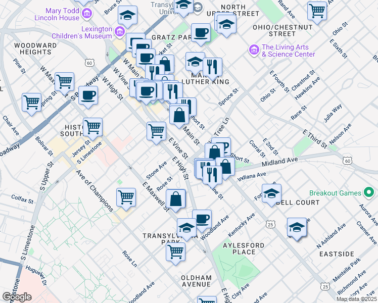 map of restaurants, bars, coffee shops, grocery stores, and more near 318 East Main Street in Lexington
