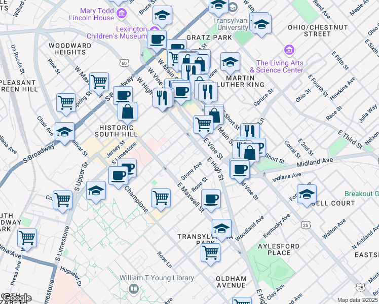 map of restaurants, bars, coffee shops, grocery stores, and more near 200 East High Street in Lexington