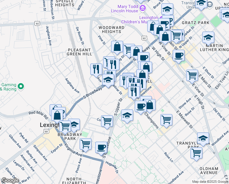 map of restaurants, bars, coffee shops, grocery stores, and more near 620 South Broadway in Lexington