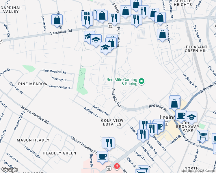 map of restaurants, bars, coffee shops, grocery stores, and more near 845 Red Mile Road in Lexington