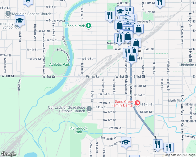 map of restaurants, bars, coffee shops, grocery stores, and more near 300-332 West 1st Street in Newton