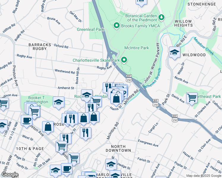 map of restaurants, bars, coffee shops, grocery stores, and more near 108 Birdwood Ct in Charlottesville