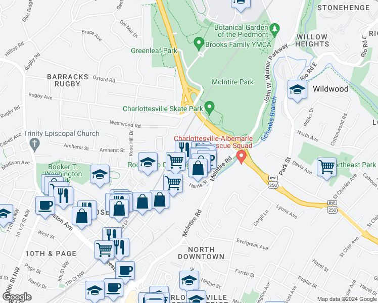 map of restaurants, bars, coffee shops, grocery stores, and more near 108 Birdwood Ct in Charlottesville