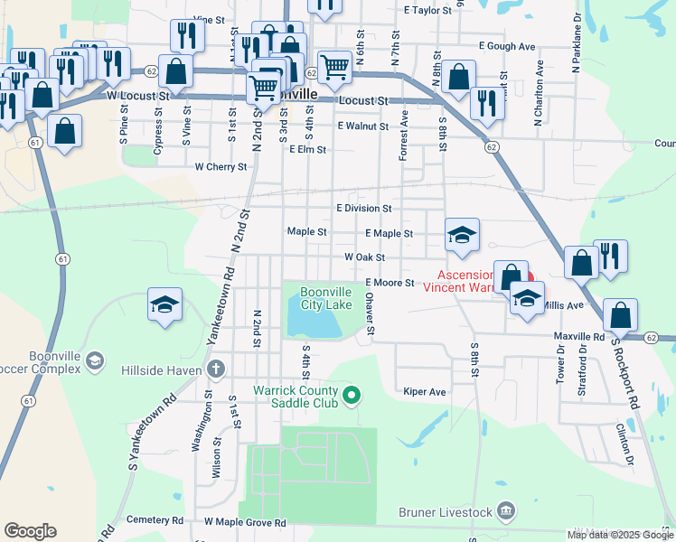 map of restaurants, bars, coffee shops, grocery stores, and more near 315 East Oak Street in Boonville