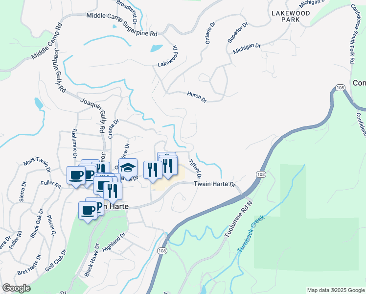 map of restaurants, bars, coffee shops, grocery stores, and more near 19050 Tiffeni Drive in Twain Harte