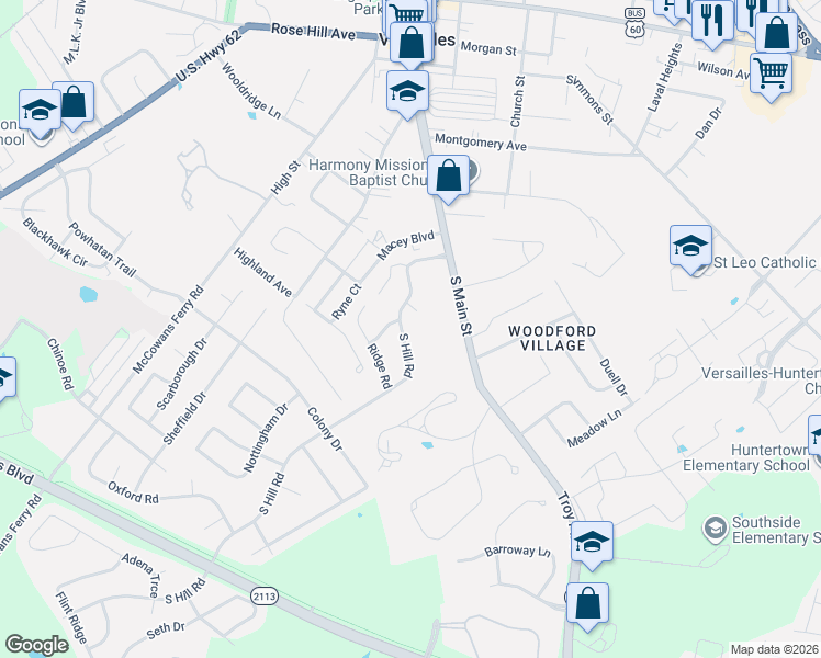 map of restaurants, bars, coffee shops, grocery stores, and more near 204 Culpepper Court in Versailles