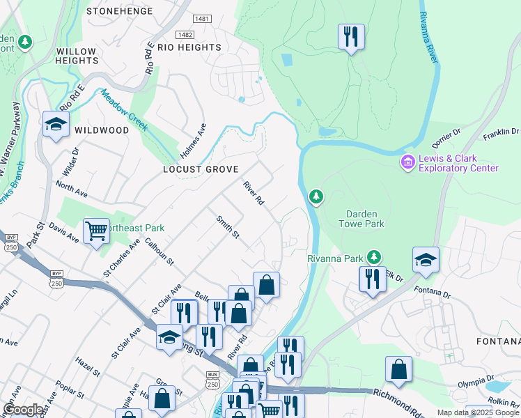 map of restaurants, bars, coffee shops, grocery stores, and more near 1310 River Road in Charlottesville