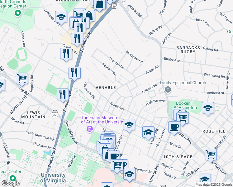 map of restaurants, bars, coffee shops, grocery stores, and more near 616 Rugby Road in Charlottesville