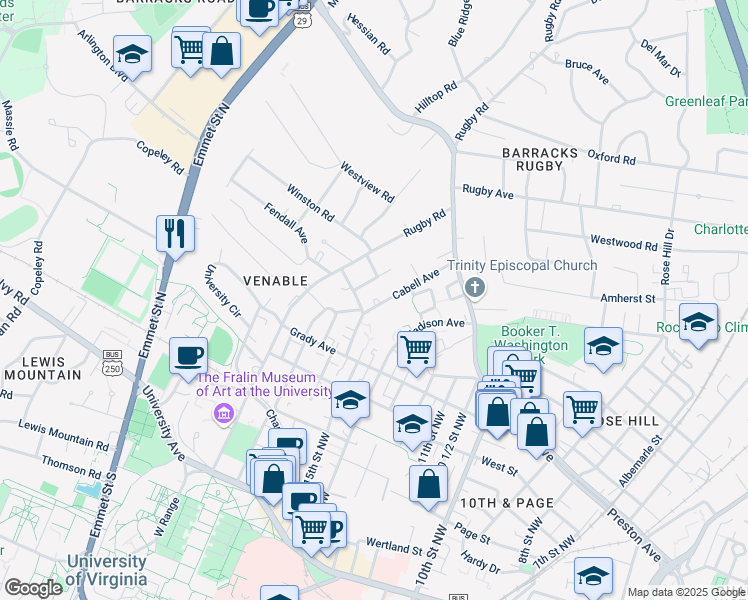 map of restaurants, bars, coffee shops, grocery stores, and more near 805 Cabell Avenue in Charlottesville