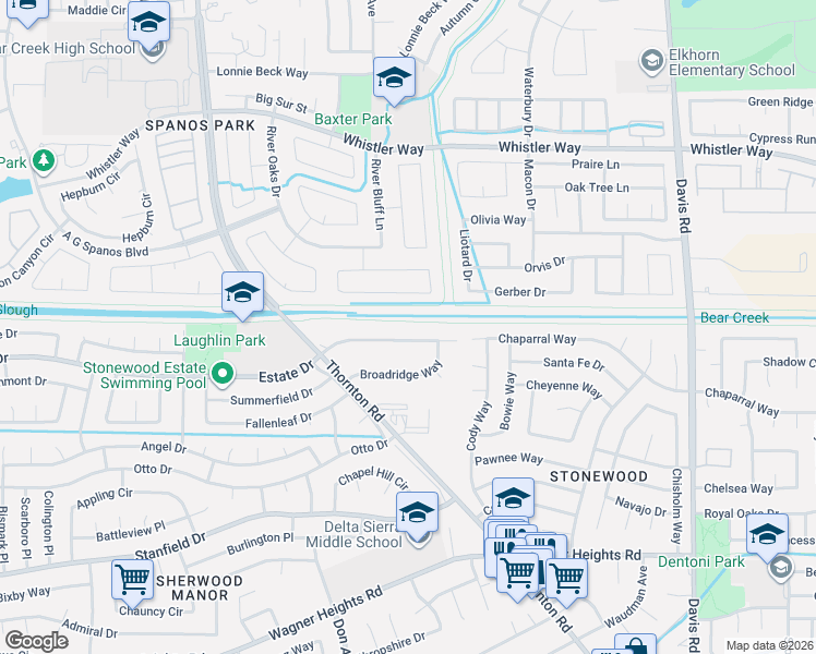 map of restaurants, bars, coffee shops, grocery stores, and more near 9961 River View Circle in Stockton
