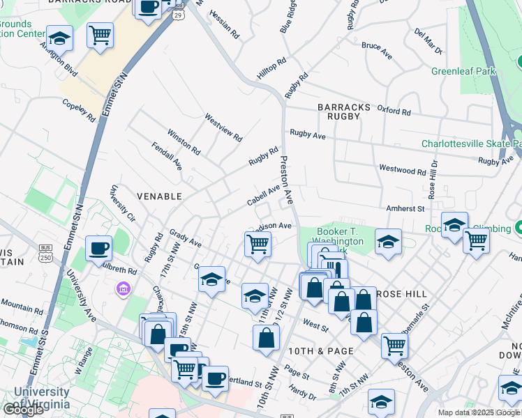 map of restaurants, bars, coffee shops, grocery stores, and more near 823 Cabell Avenue in Charlottesville