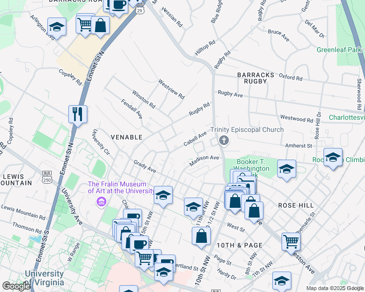 map of restaurants, bars, coffee shops, grocery stores, and more near 810 Tunlaw Place in Charlottesville