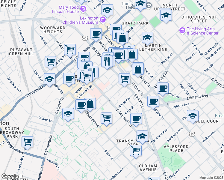 map of restaurants, bars, coffee shops, grocery stores, and more near 230 South Martin Luther King Boulevard in Lexington