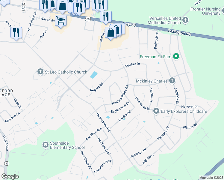 map of restaurants, bars, coffee shops, grocery stores, and more near 743 Eureka Drive in Versailles