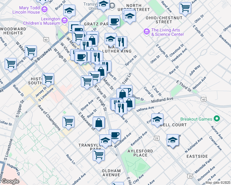 map of restaurants, bars, coffee shops, grocery stores, and more near 106 Rose Street in Lexington