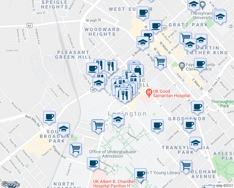 map of restaurants, bars, coffee shops, grocery stores, and more near 535 South Upper Street in Lexington