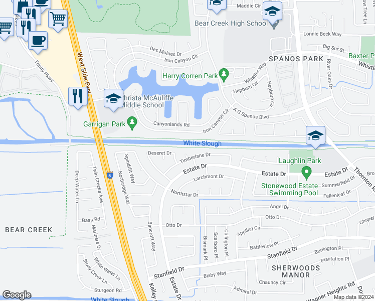map of restaurants, bars, coffee shops, grocery stores, and more near 3421 Timberlane Drive in Stockton