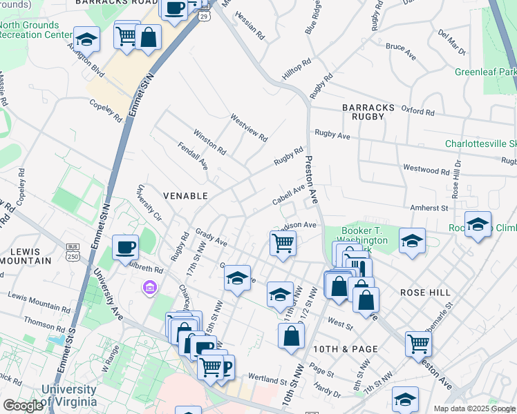 map of restaurants, bars, coffee shops, grocery stores, and more near 809 Cabell Avenue in Charlottesville