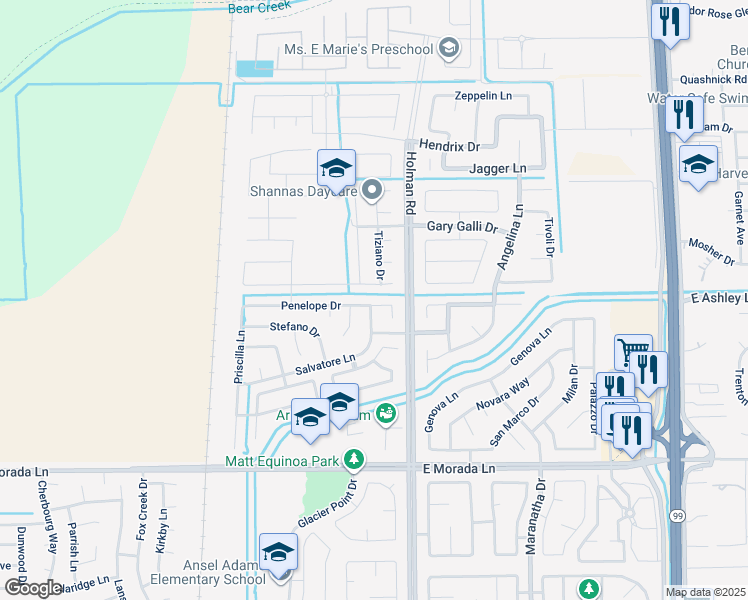 map of restaurants, bars, coffee shops, grocery stores, and more near 3401 Penelope Drive in Stockton