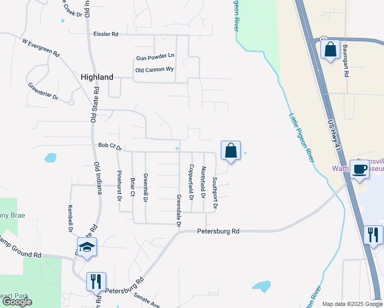map of restaurants, bars, coffee shops, grocery stores, and more near 8403 Copperfield Drive in Evansville