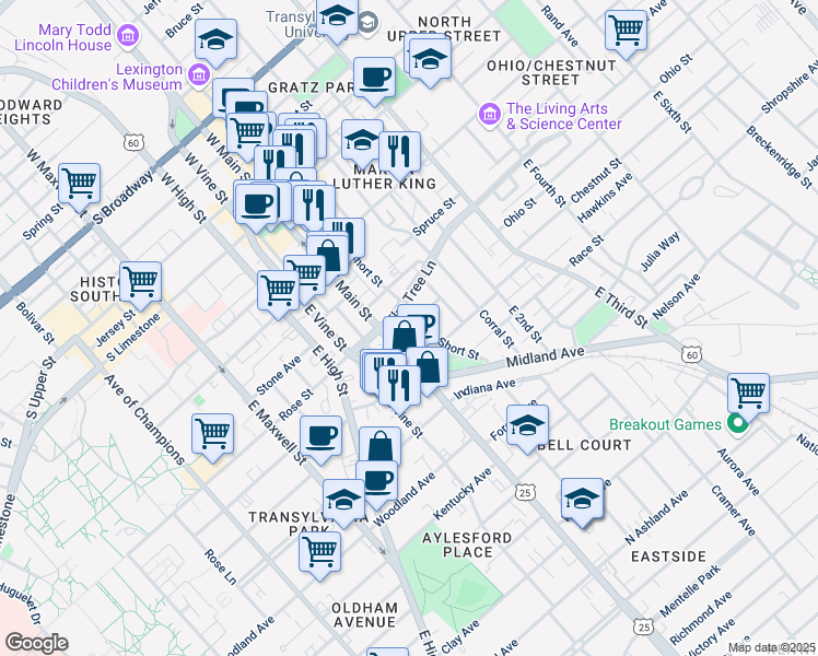 map of restaurants, bars, coffee shops, grocery stores, and more near 350 East Short Street in Lexington