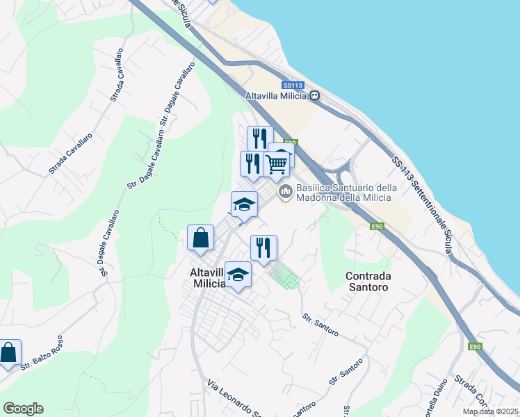 map of restaurants, bars, coffee shops, grocery stores, and more near 34 Via Anime Sante in Altavilla Milicia