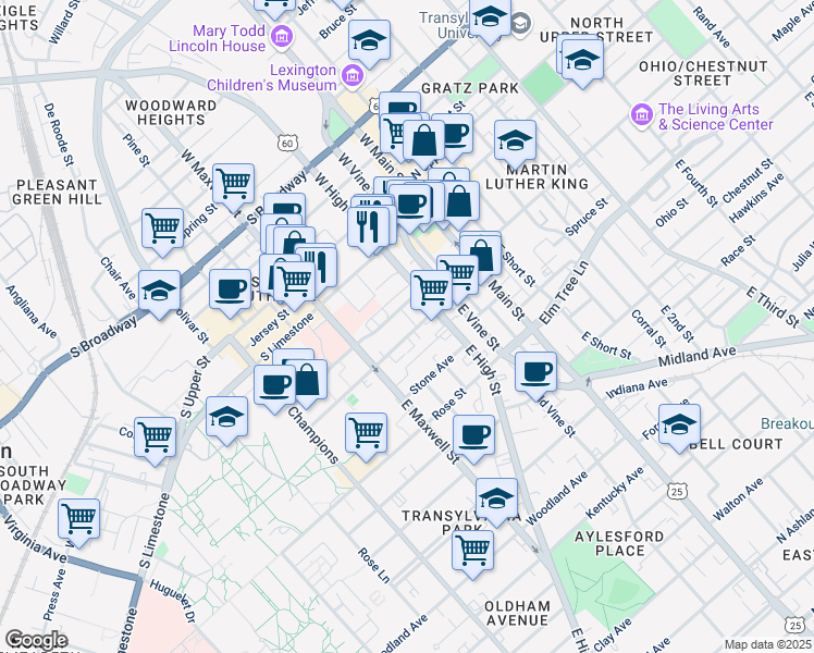 map of restaurants, bars, coffee shops, grocery stores, and more near 235 Lexington Avenue in Lexington