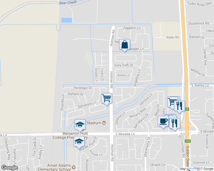 map of restaurants, bars, coffee shops, grocery stores, and more near 3449 Penelope Drive in Stockton