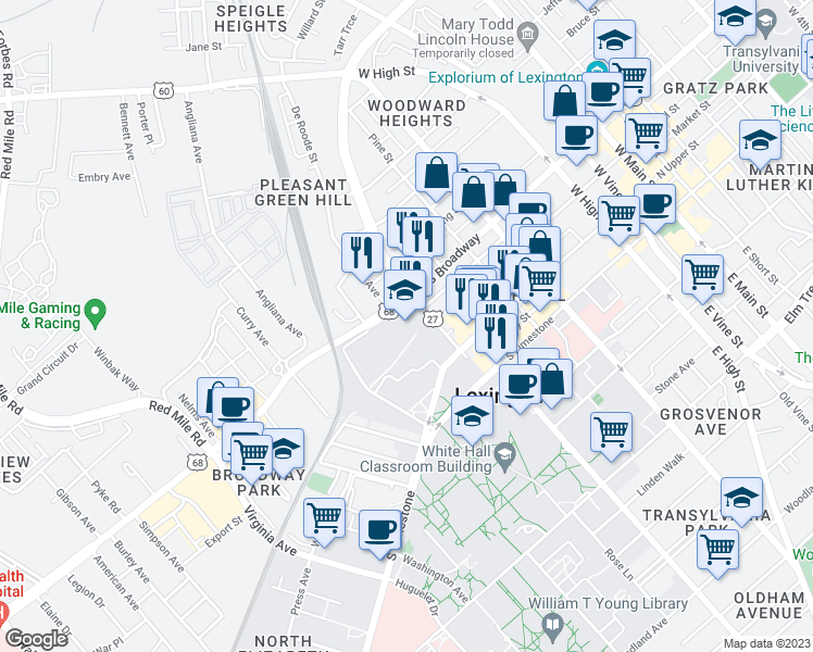 map of restaurants, bars, coffee shops, grocery stores, and more near 620 South Broadway in Lexington