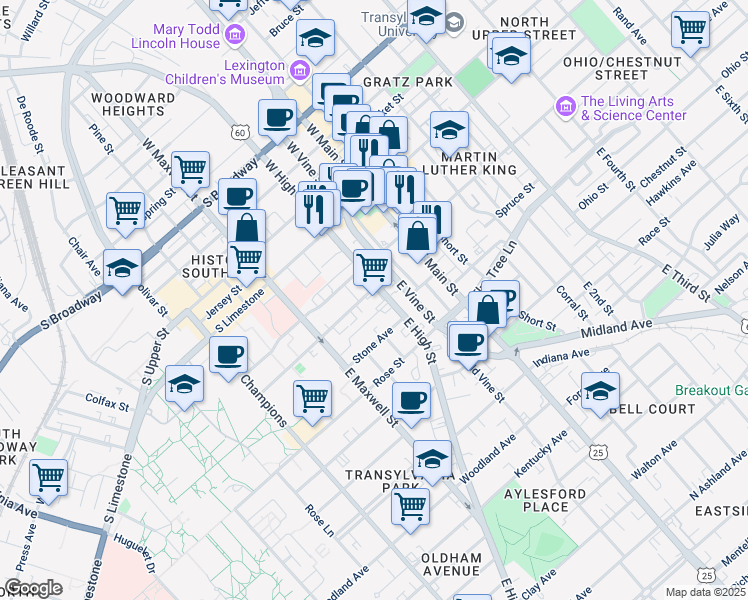 map of restaurants, bars, coffee shops, grocery stores, and more near 200 East High Street in Lexington