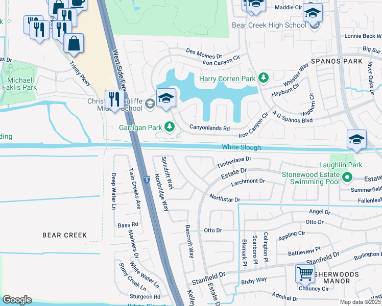 map of restaurants, bars, coffee shops, grocery stores, and more near 3565 Deseret Drive in Stockton
