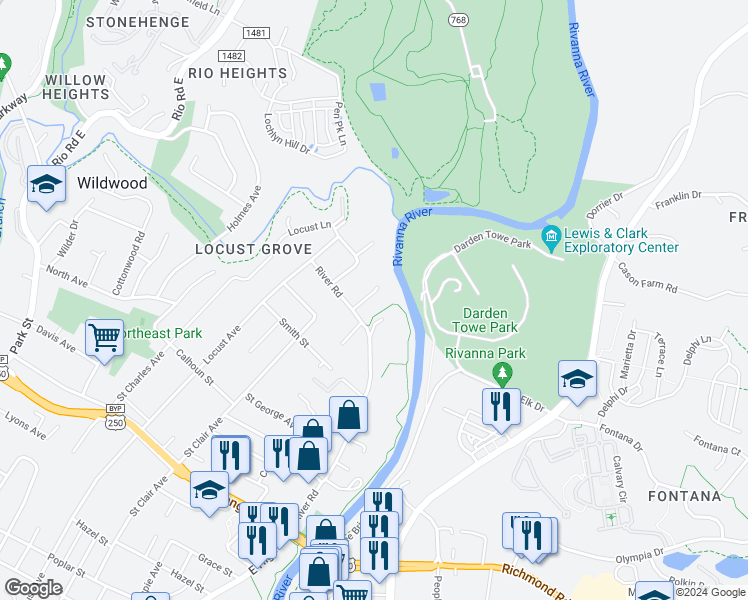 map of restaurants, bars, coffee shops, grocery stores, and more near 1106 River Court in Charlottesville